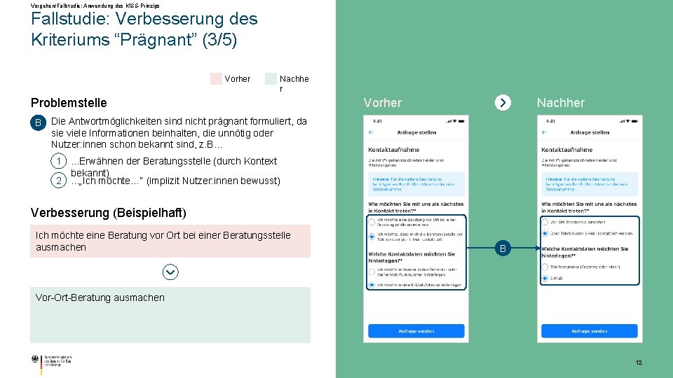 Vorgehen/Fallstudie: Anwendung des KISS-Prinzips Fallstudie: Verbesserung des Kriteriums “Prägnant” (3/5) Vorher Nachhe r Problemstelle