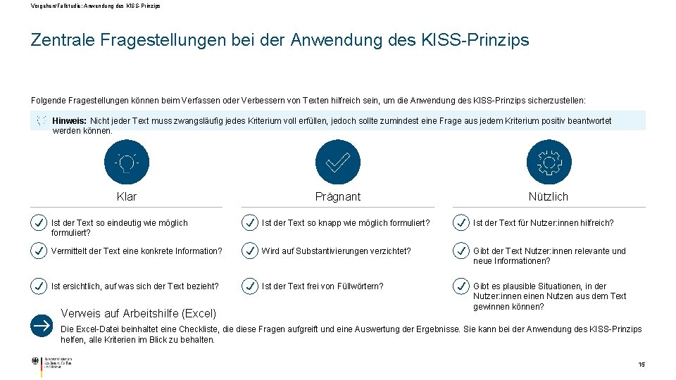 Vorgehen/Fallstudie: Anwendung des KISS-Prinzips Zentrale Fragestellungen bei der Anwendung des KISS-Prinzips Folgende Fragestellungen können