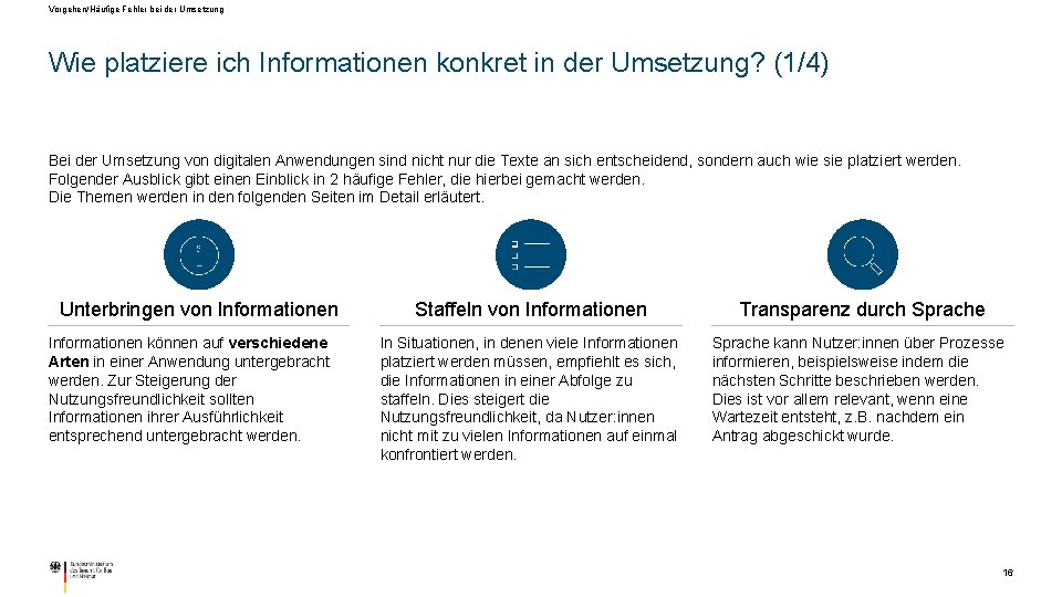 Vorgehen/Häufige Fehler bei der Umsetzung Wie platziere ich Informationen konkret in der Umsetzung? (1/4)