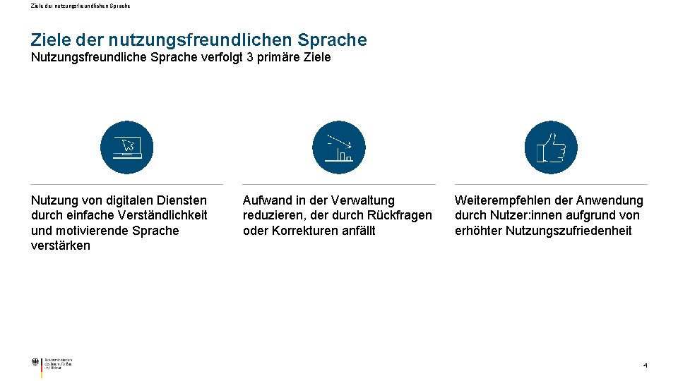 Ziele der nutzungsfreundlichen Sprache Nutzungsfreundliche Sprache verfolgt 3 primäre Ziele Nutzung von digitalen Diensten