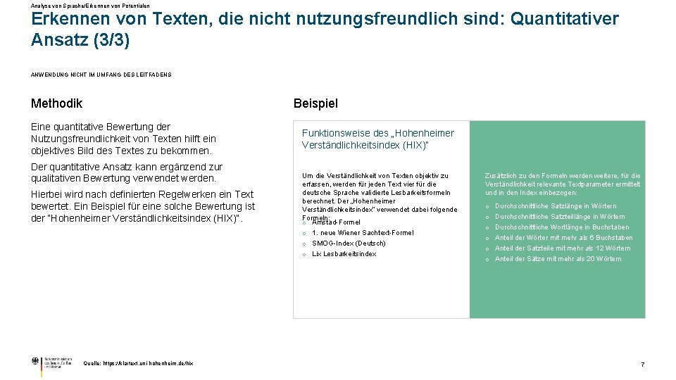 Analyse von Sprache/Erkennen von Potentialen Erkennen von Texten, die nicht nutzungsfreundlich sind: Quantitativer Ansatz