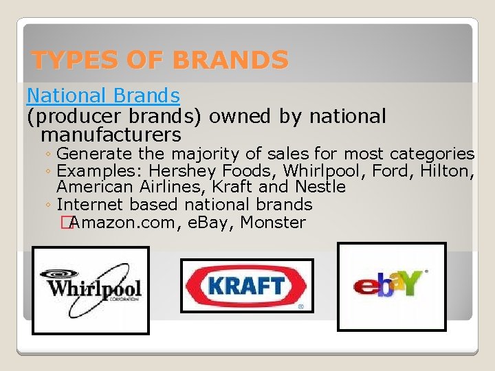 TYPES OF BRANDS National Brands (producer brands) owned by national manufacturers ◦ Generate the