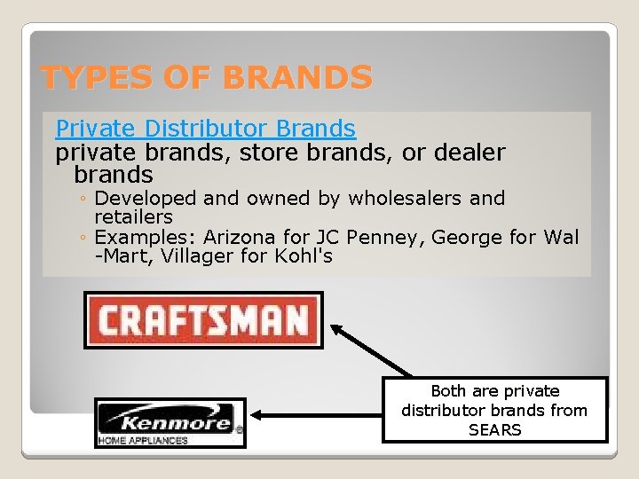 TYPES OF BRANDS Private Distributor Brands private brands, store brands, or dealer brands ◦