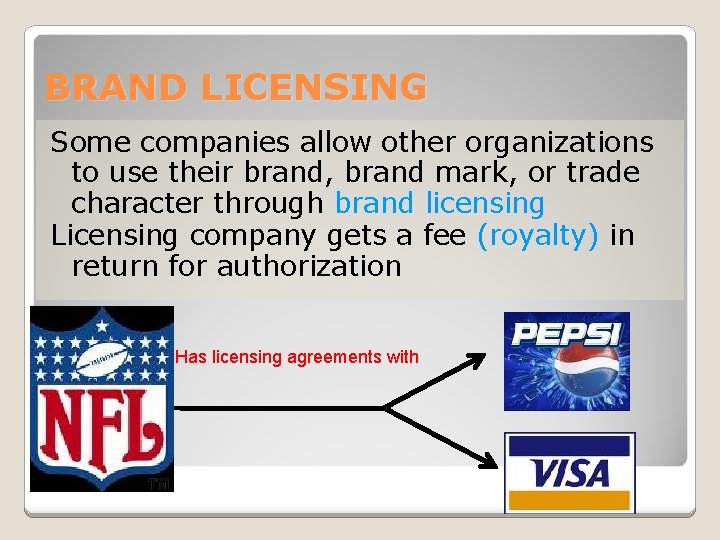 BRAND LICENSING Some companies allow other organizations to use their brand, brand mark, or