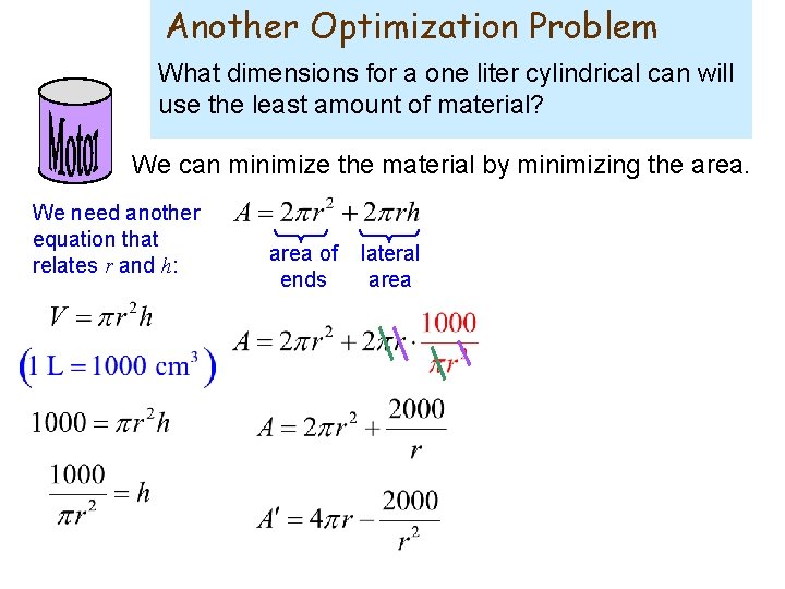 Another Optimization Problem What dimensions for a one liter cylindrical can will use the