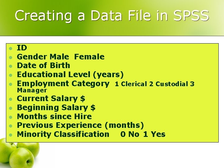 Creating a Data File in SPSS l l l l l ID Gender Male