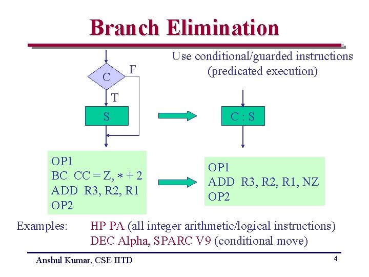 Branch Elimination F C Use conditional/guarded instructions (predicated execution) T S OP 1 BC