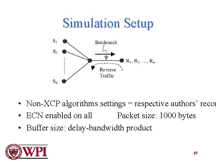 Simulation Setup • Non-XCP algorithms settings = respective authors’ recom • ECN enabled on