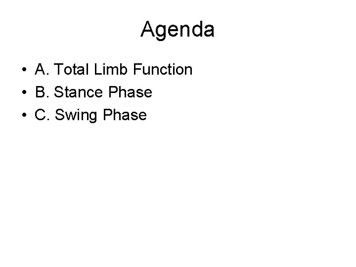 Agenda • A. Total Limb Function • B. Stance Phase • C. Swing Phase
