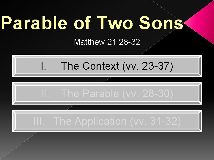 Parable of Two Sons Matthew 21: 28 -32 I. The Context (vv. 23 -37)