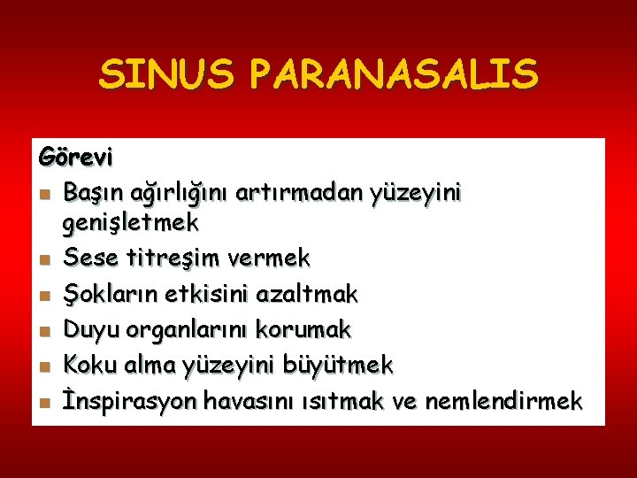 SINUS PARANASALIS Görevi n Başın ağırlığını artırmadan yüzeyini genişletmek n Sese titreşim vermek n