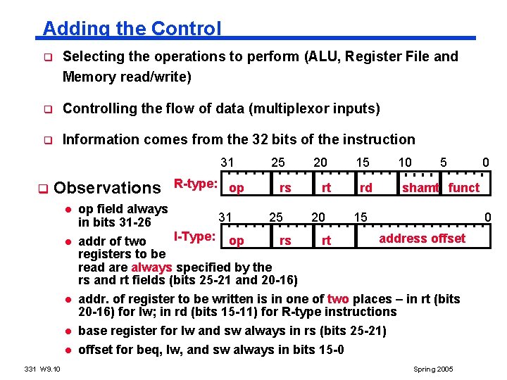 Adding the Control q Selecting the operations to perform (ALU, Register File and Memory