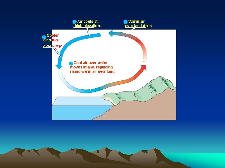 Air cools at high elevation. 2 Cooler air sinks 3 over water. Cool air