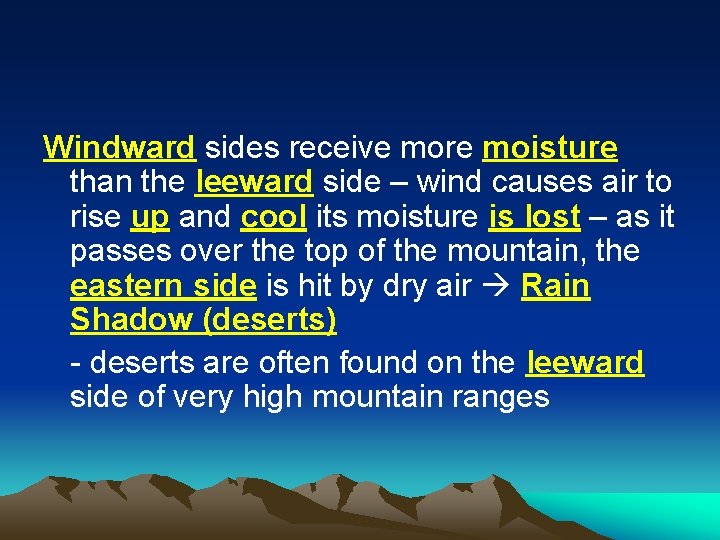 Windward sides receive more moisture than the leeward side – wind causes air to