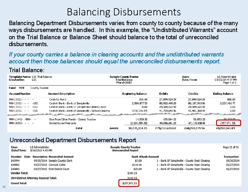 Balancing Disbursements Balancing Department Disbursements varies from county to county because of the many