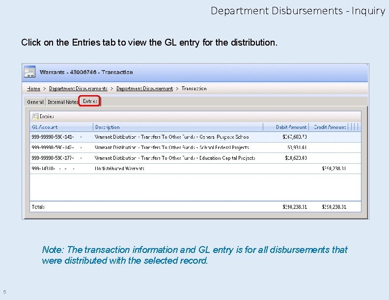 Department Disbursements - Inquiry Click on the Entries tab to view the GL entry