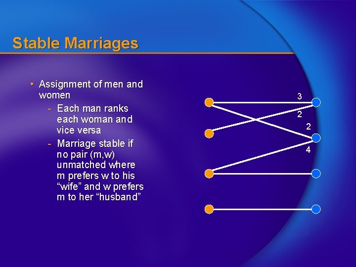 Stable Marriages • Assignment of men and women - Each man ranks each woman