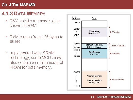 CH. 4: THE MSP 430 4. 1. 3 DATA MEMORY • R/W, volatile memory