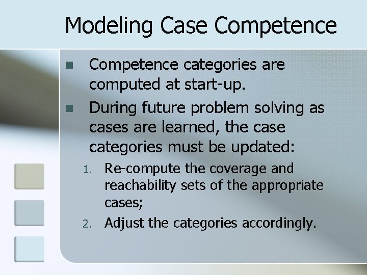 Modeling Case Competence n n Competence categories are computed at start-up. During future problem