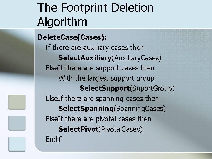 The Footprint Deletion Algorithm Delete. Case(Cases): If there auxiliary cases then Select. Auxiliary(Auxiliary. Cases)