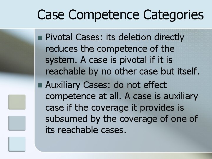 Case Competence Categories Pivotal Cases: its deletion directly reduces the competence of the system.