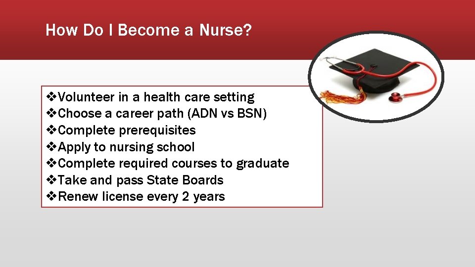 How Do I Become a Nurse? v. Volunteer in a health care setting v.
