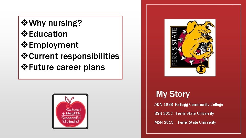 v. Why nursing? v. Education v. Employment v. Current responsibilities v. Future career plans