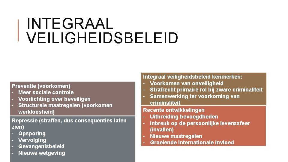 INTEGRAAL VEILIGHEIDSBELEID Preventie (voorkomen) - Meer sociale controle - Voorlichting over beveiligen - Structurele