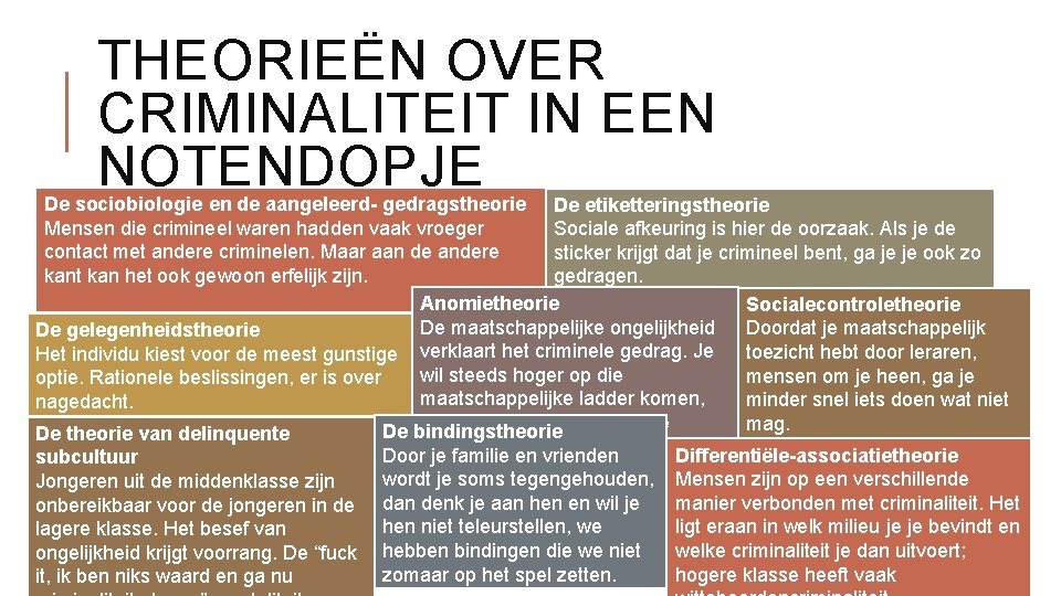 THEORIEËN OVER CRIMINALITEIT IN EEN NOTENDOPJE De sociobiologie en de aangeleerd- gedragstheorie De etiketteringstheorie