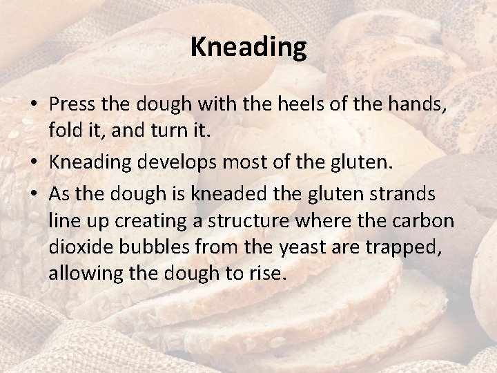 Kneading • Press the dough with the heels of the hands, fold it, and