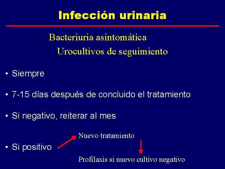 Infección urinaria Bacteriuria asintomática Urocultivos de seguimiento • Siempre • 7 -15 días después