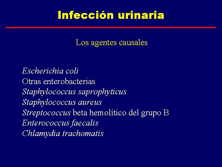 Infección urinaria Los agentes causales Escherichia coli Otras enterobacterias Staphylococcus saprophyticus Staphylococcus aureus Streptococcus