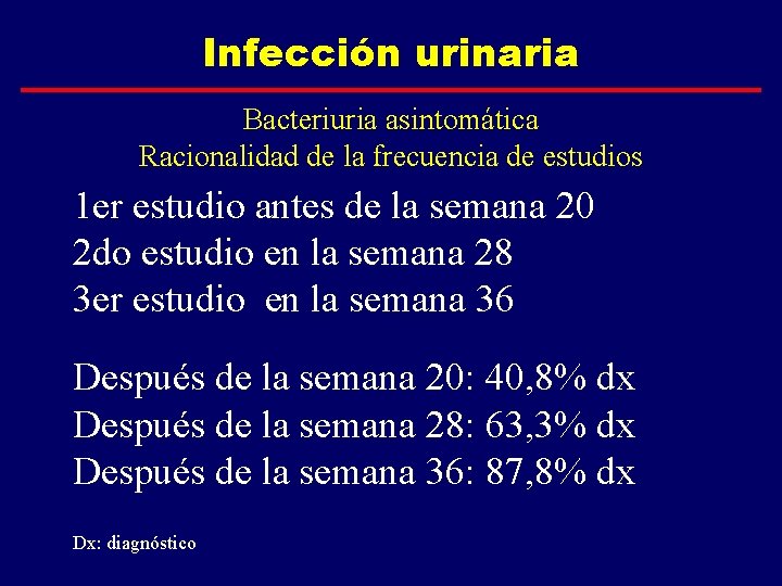 Infección urinaria Bacteriuria asintomática Racionalidad de la frecuencia de estudios 1 er estudio antes