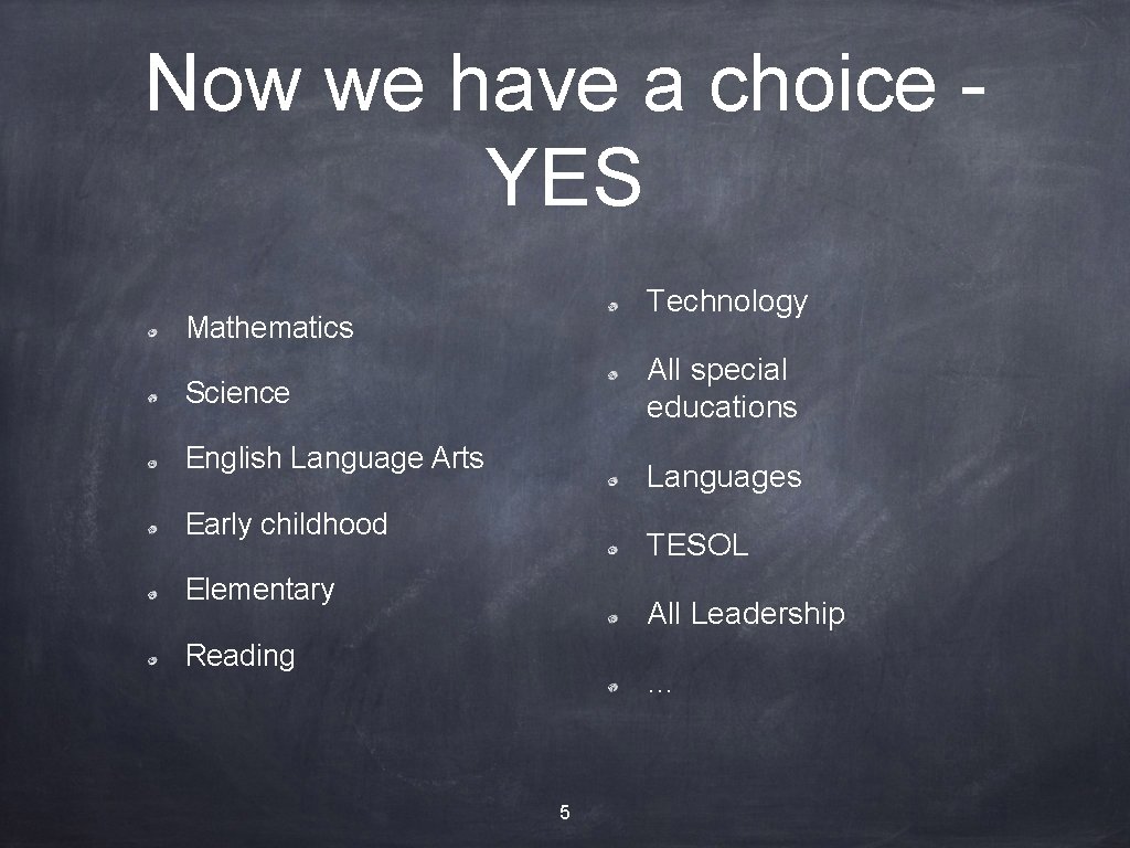 Now we have a choice YES Technology Mathematics All special educations Science English Language