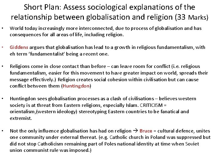 Short Plan: Assess sociological explanations of the relationship between globalisation and religion (33 Marks)