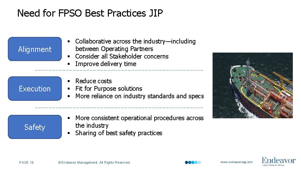 Need for FPSO Best Practices JIP Alignment § Collaborative across the industry—including between Operating