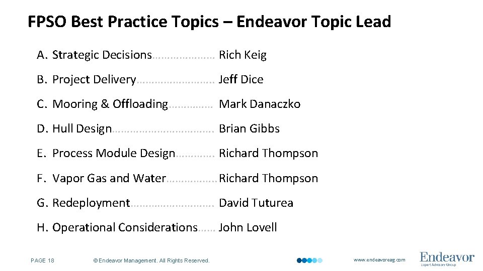 FPSO Best Practice Topics – Endeavor Topic Lead A. Strategic Decisions………………… Rich Keig B.