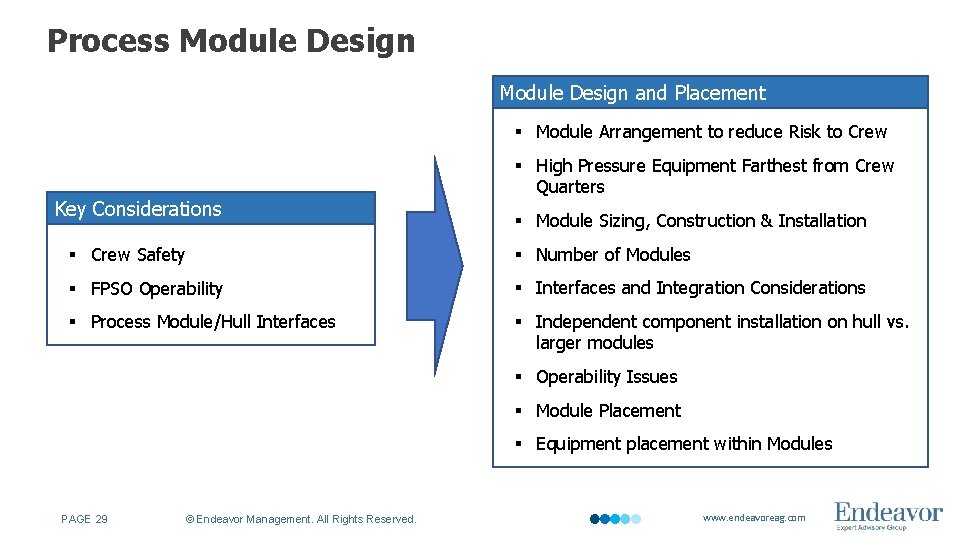 Process Module Design and Placement § Module Arrangement to reduce Risk to Crew Key