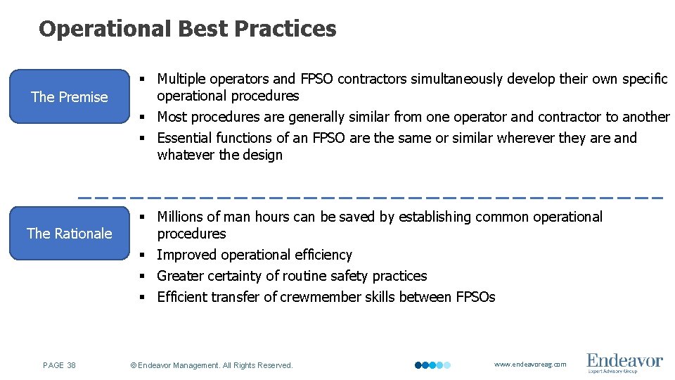 Operational Best Practices The Premise The Rationale PAGE 38 § Multiple operators and FPSO
