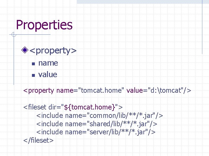 Properties <property> n n name value <property name="tomcat. home" value="d: tomcat"/> <fileset dir="${tomcat. home}">