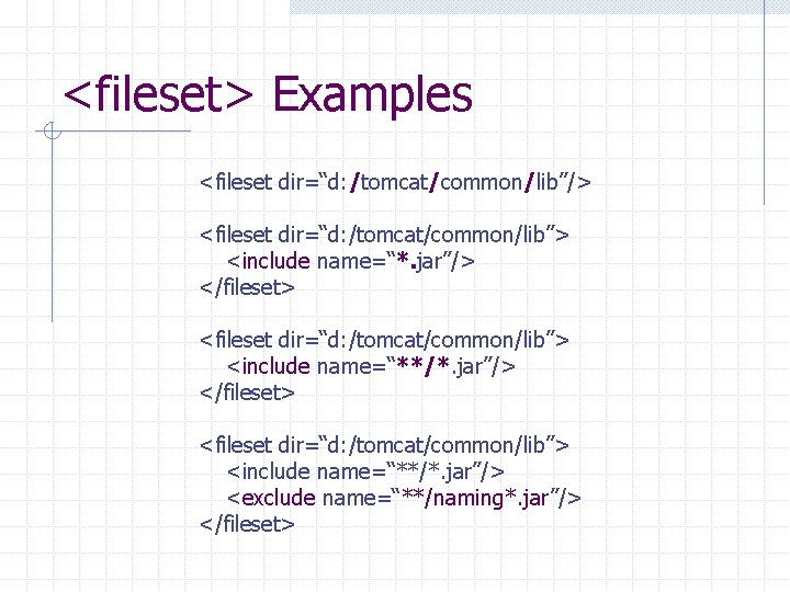 <fileset> Examples <fileset dir=“d: /tomcat/common/lib”/> <fileset dir=“d: /tomcat/common/lib”> <include name=“*. jar”/> </fileset> <fileset dir=“d: