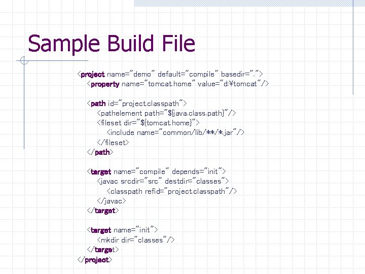 Sample Build File <project name="demo" default="compile" basedir=". "> <property name="tomcat. home" value="d: tomcat"/> <path