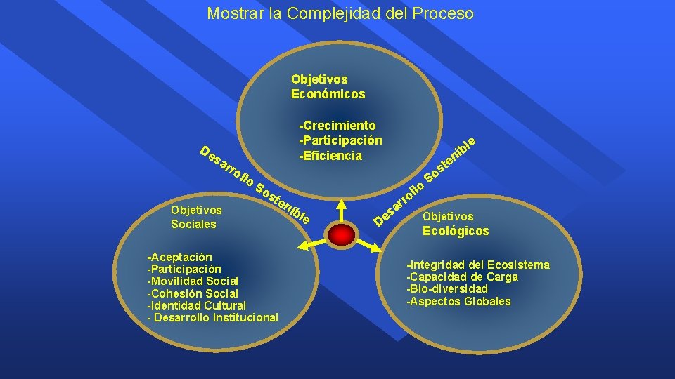 Mostrar la Complejidad del Proceso Objetivos Económicos De -Crecimiento -Participación -Eficiencia sa Objetivos Sociales