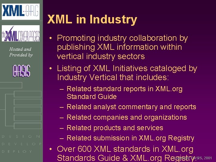 XML in Industry Hosted and Provided by • Promoting industry collaboration by publishing XML