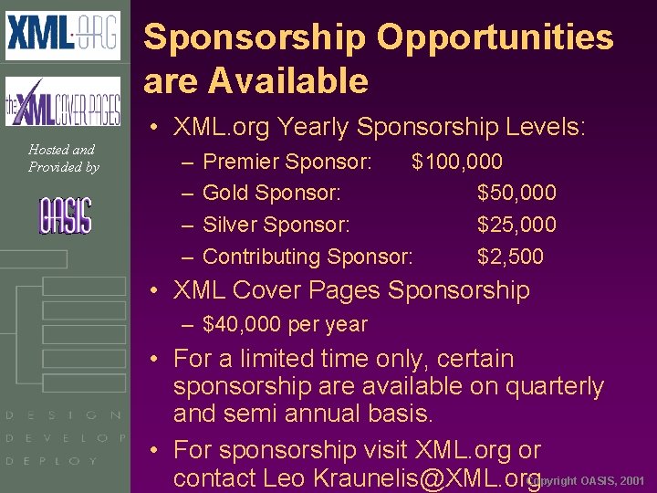 Sponsorship Opportunities are Available • XML. org Yearly Sponsorship Levels: Hosted and Provided by