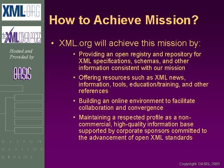 How to Achieve Mission? • XML. org will achieve this mission by: Hosted and