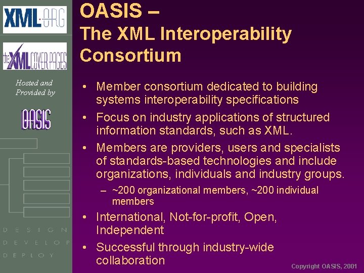 OASIS – The XML Interoperability Consortium Hosted and Provided by • Member consortium dedicated