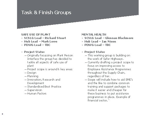 Task & Finish Groups 8 SAFE USE OF PLANT • SCSLG Lead – Richard