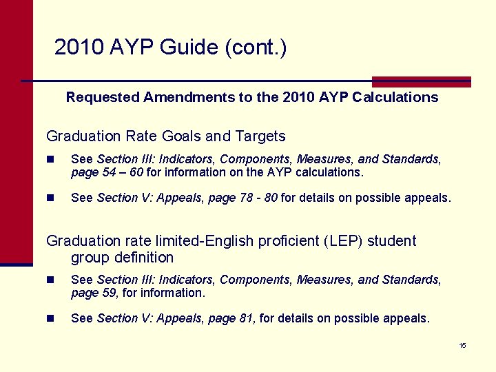 2010 AYP Guide (cont. ) Requested Amendments to the 2010 AYP Calculations Graduation Rate