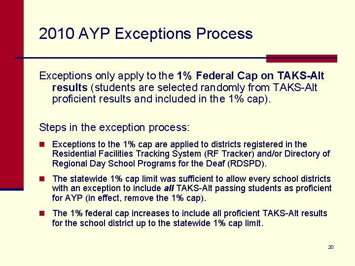 2010 AYP Exceptions Process Exceptions only apply to the 1% Federal Cap on TAKS-Alt